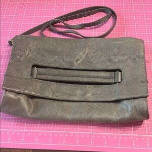 TRINA TURK Gray Leather Clutch with Fold Over Design Shoulder Bag with Handle